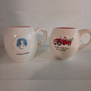 Rae Dunn Cream and Red Holiday Coffee Mugs. Snowman And Red Truck